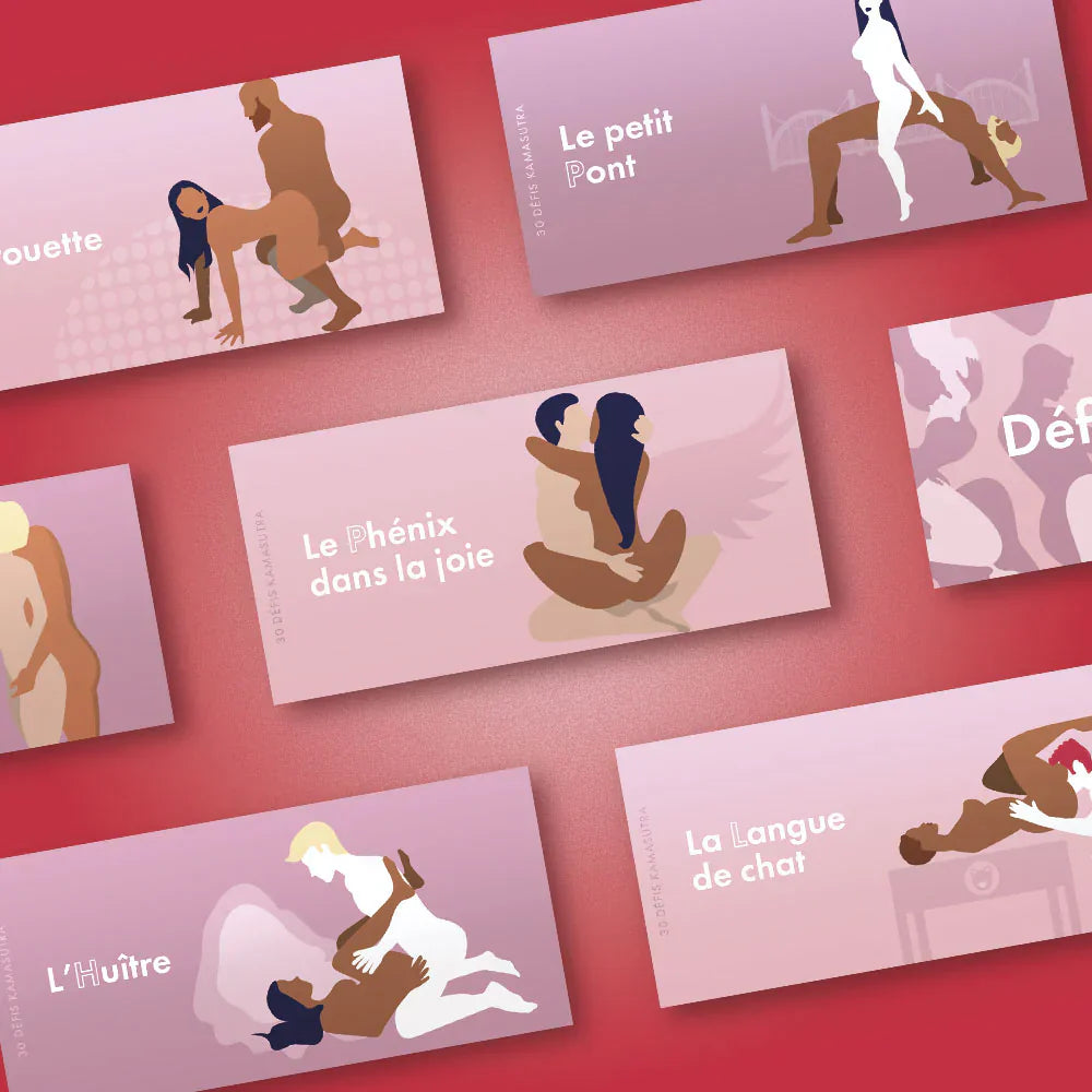 Série de petites cartes/chéquiers avec différentes illustrations de positions pour couples.