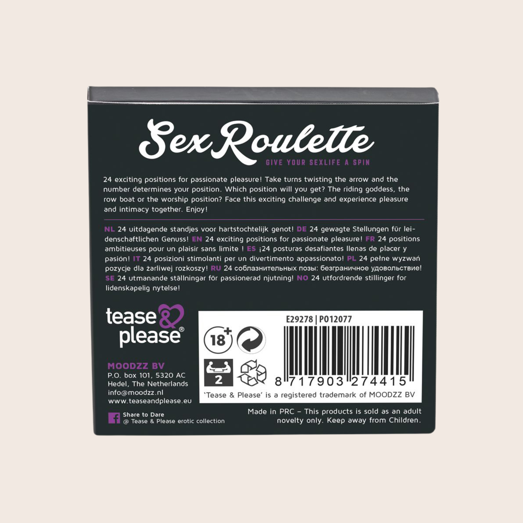 Dos de la boîte du jeu Sex Roulette Kamasutra présentant les règles et contenus