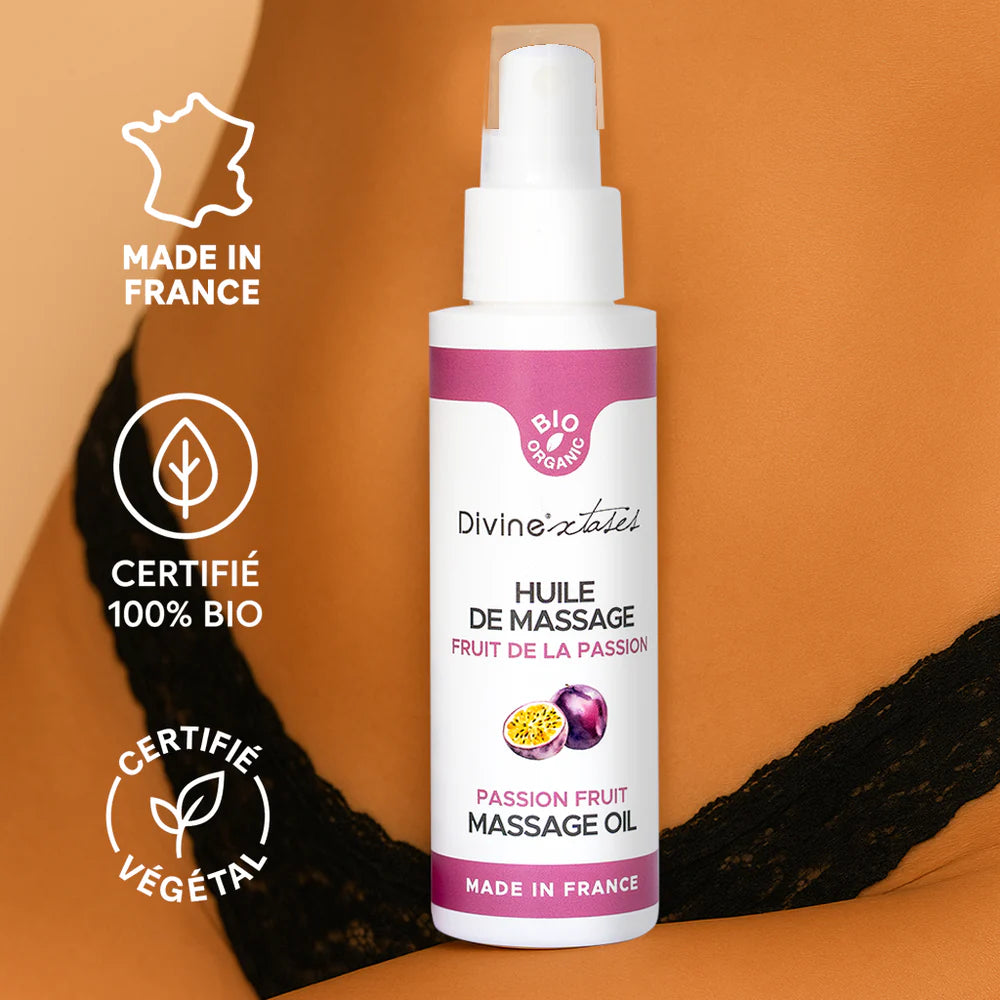 Huile de massage bio gourmande fruit de la passion hydratante de Divinextases Made in France