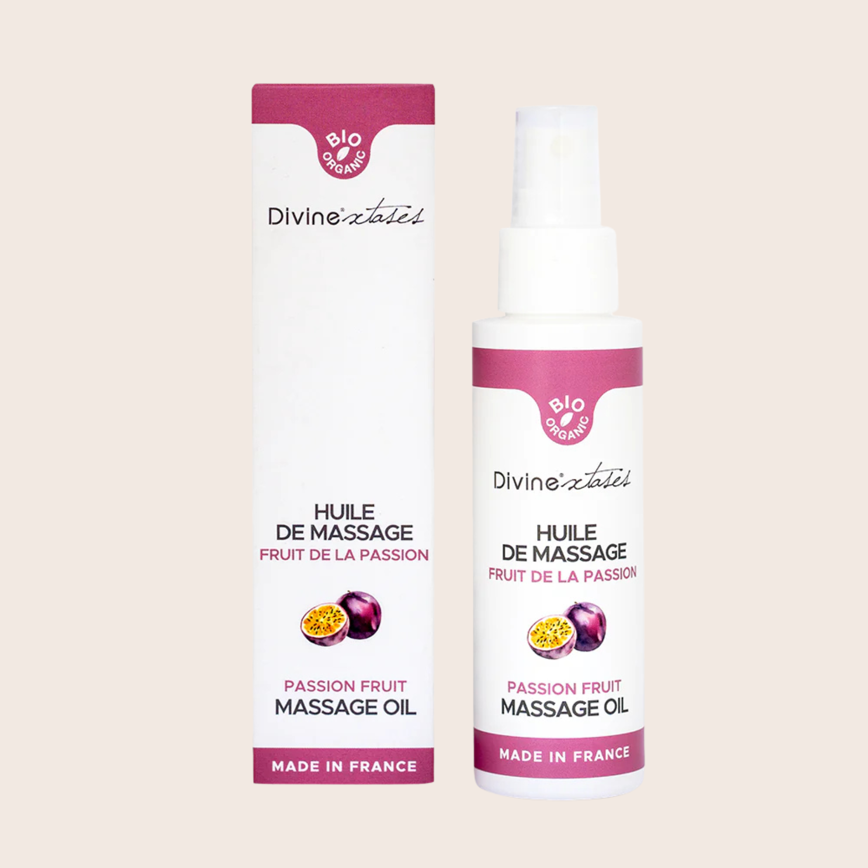 Huile de massage bio gourmande fruit de la passion hydratante de Divinextases
