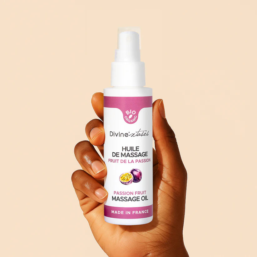 Huile de massage bio gourmande fruit de la passion hydratante de Divinextases Flacon