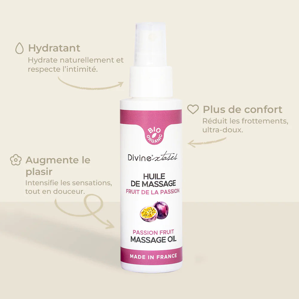 Huile de massage bio gourmande fruit de la passion hydratante de Divinextases