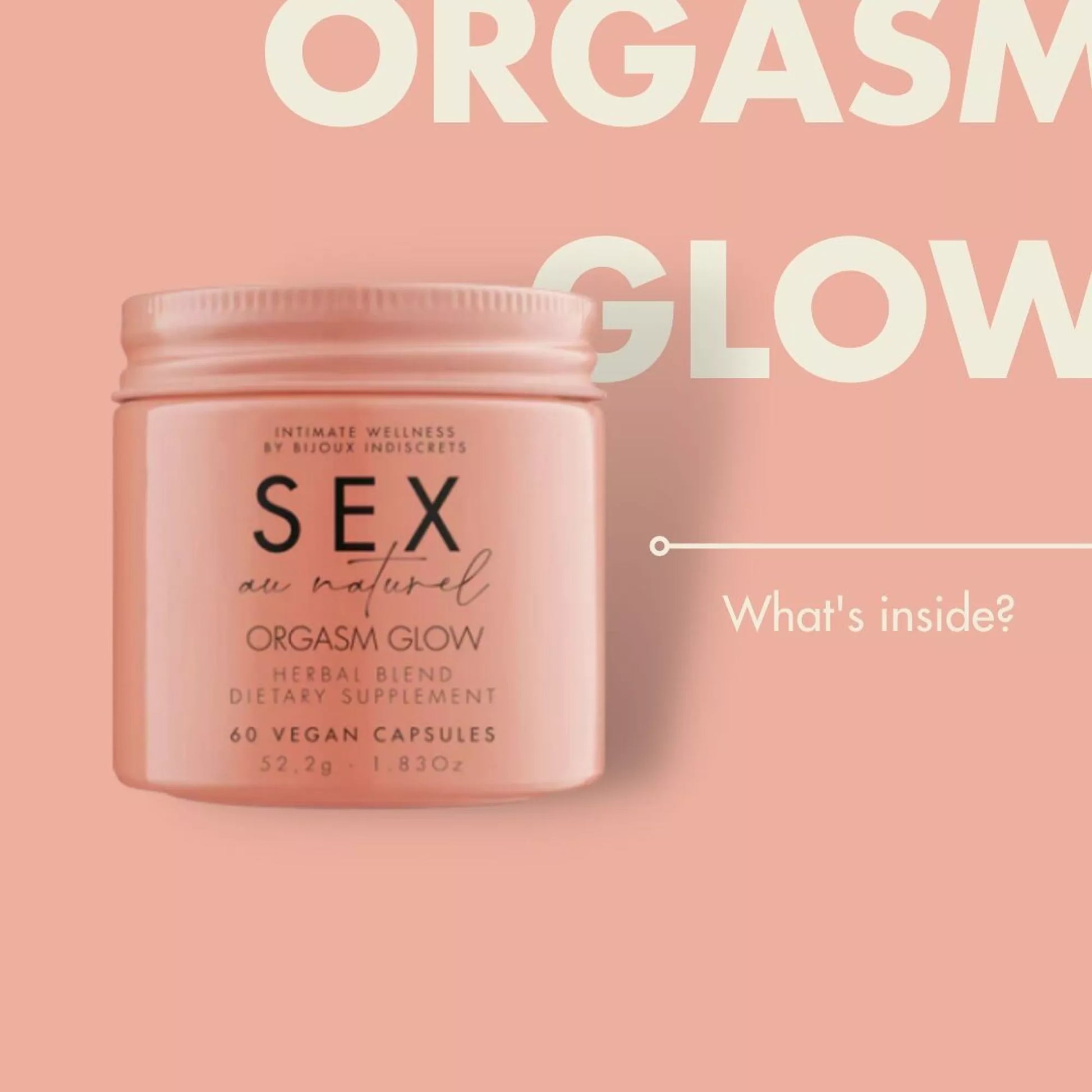 Orgasm Glow - Supplément alimentaire à base de plantes. Boite rose.