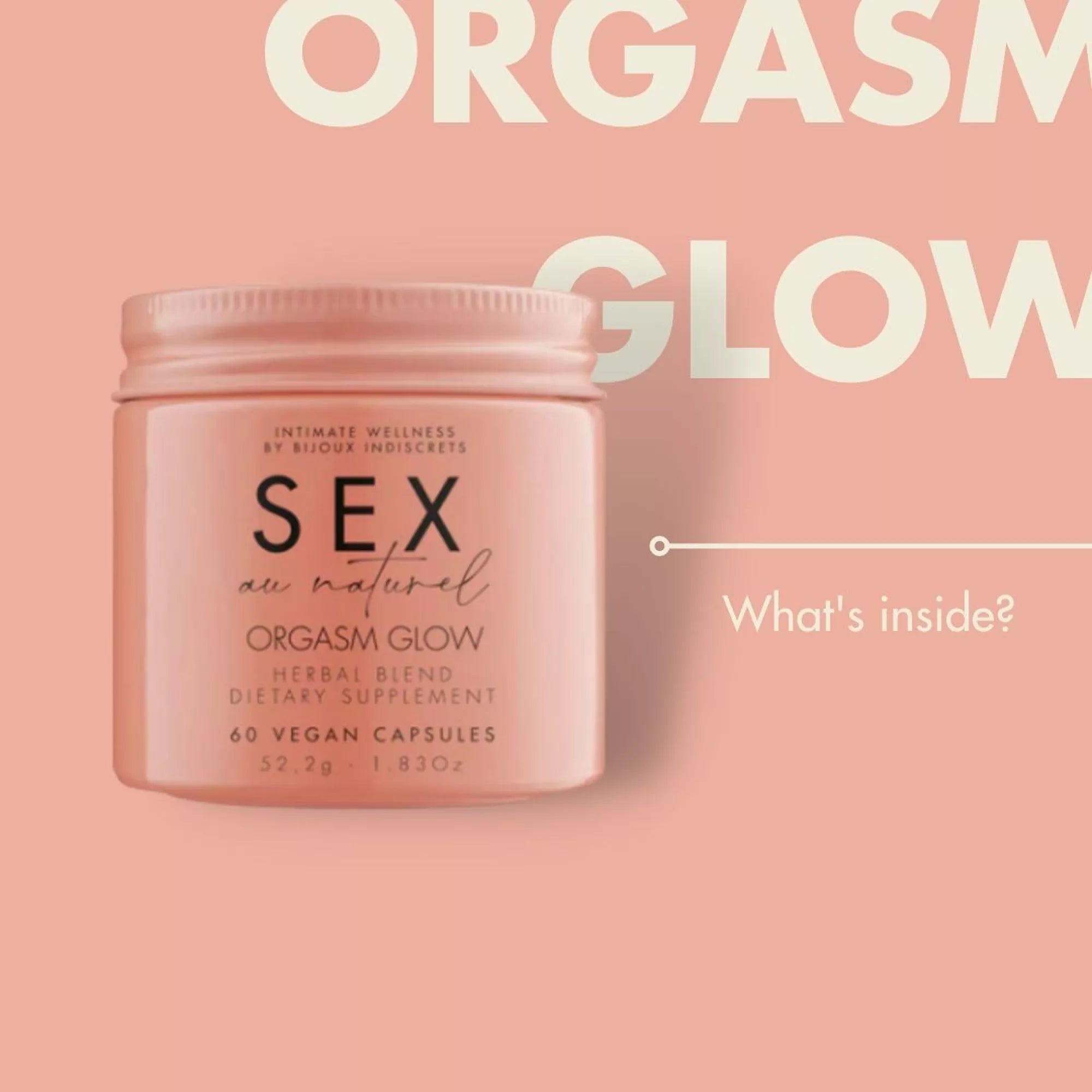 Orgasm Glow - Supplément alimentaire à base de plantes. Boite rose.