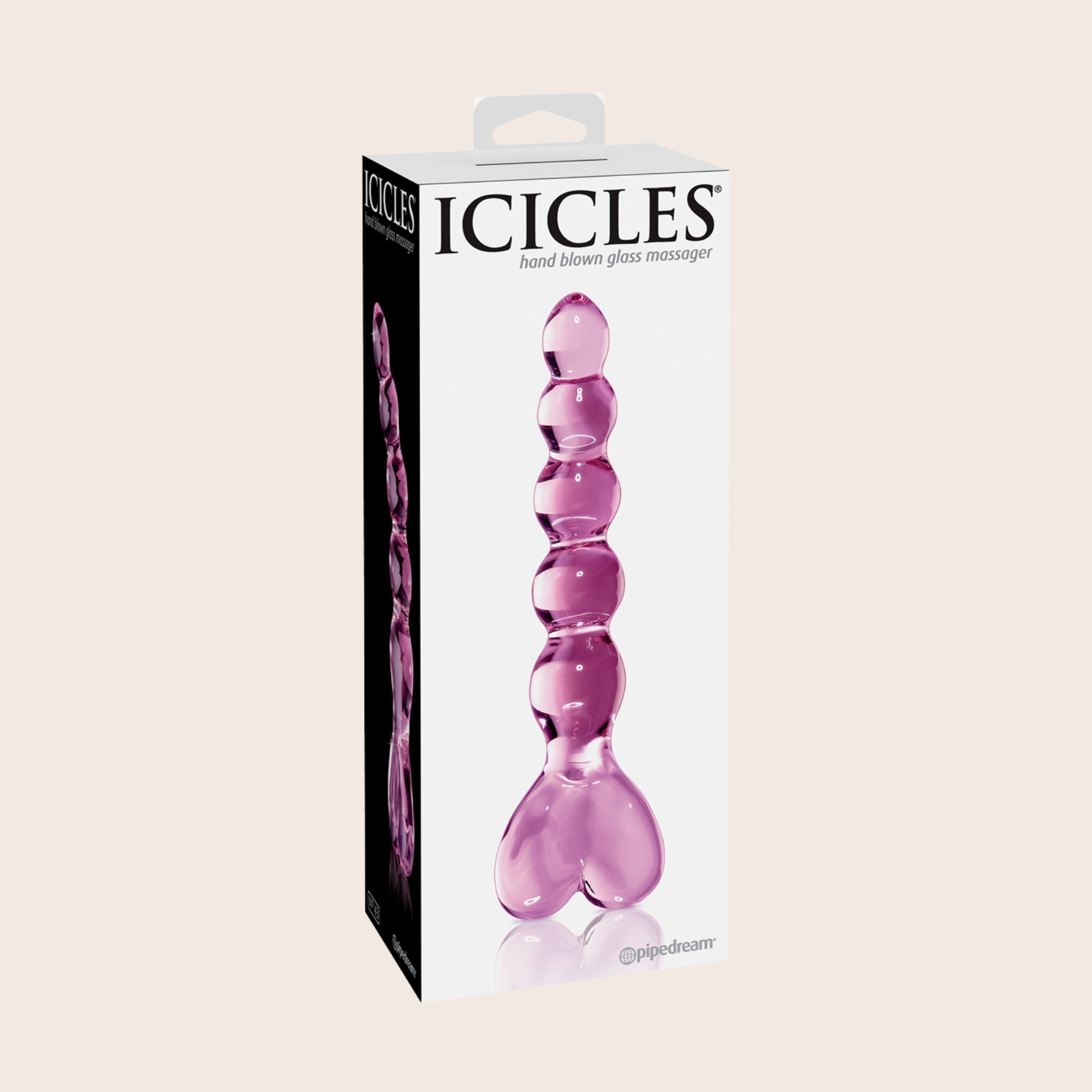 Poignée cœur ergonomique du dildo Icicles pour une bonne prise en main et packaging