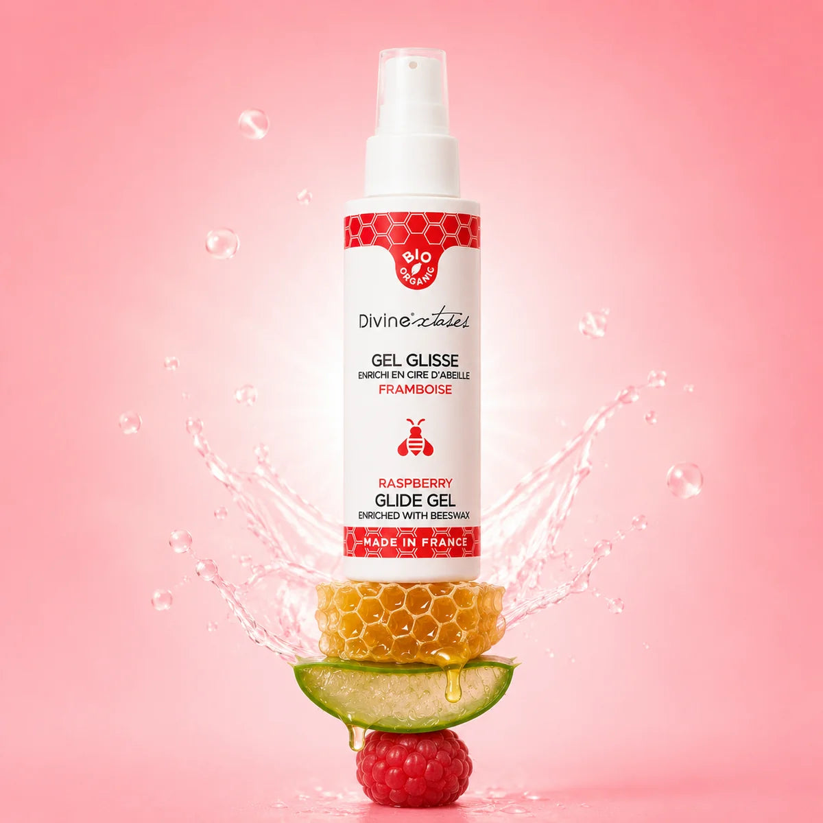Gel Glisse Framboise 100% BIO de Divinextases. Flacon avec pompe de 100ml.