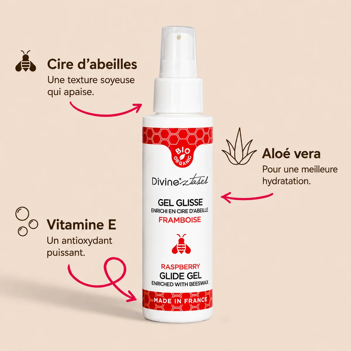 Gel Glisse Framboise 100% BIO de Divinextases. Flacon avec pompe de 100ml.