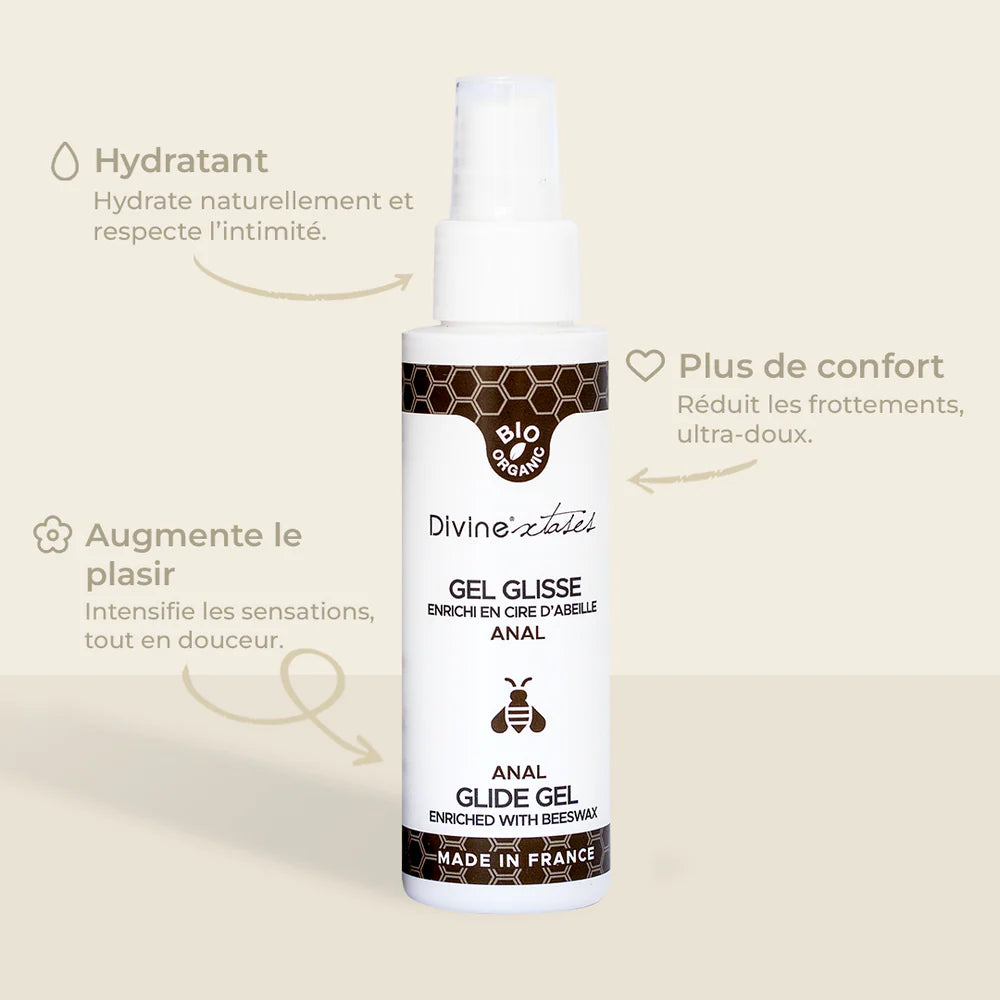Gel glisse anal enrichi en karité hydratant de Divinextases made in France de 100ml avec sa pompe pratique et sécurisée