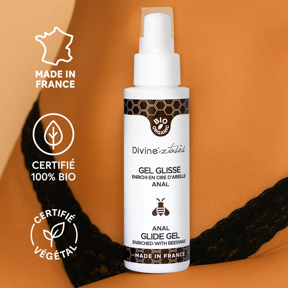 Gel glisse anal enrichi en karité de Divinextases made in France de 100ml avec sa pompe pratique et sécurisée