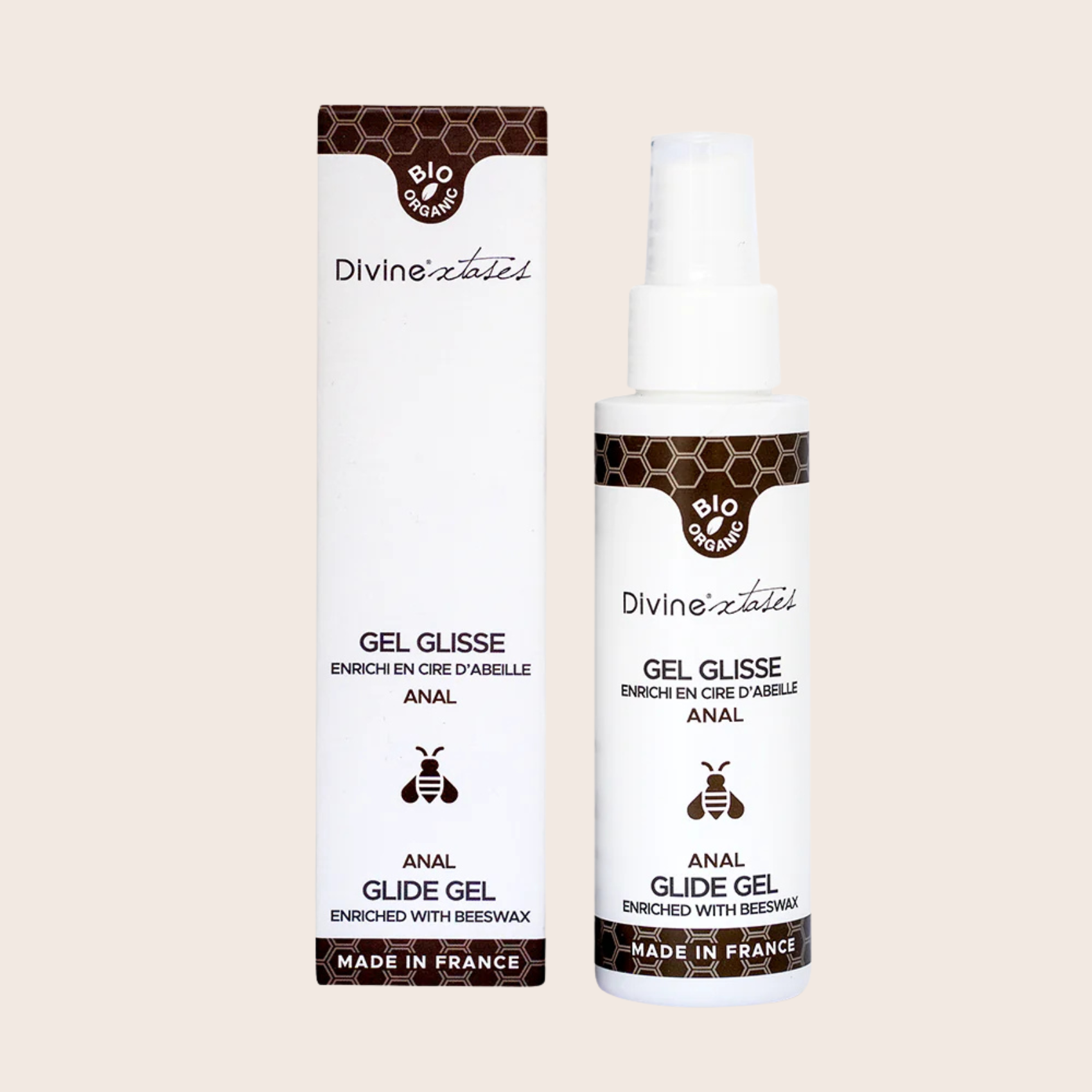 Gel glisse anal enrichi en karité de Divinextases made in France de 100ml avec sa pompe pratique et sécurisée. 