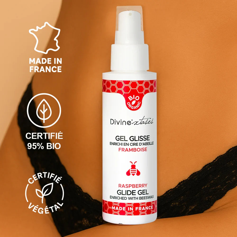Gel Glisse Framboise 100% BIO de Divinextases. Flacon avec pompe de 100ml.