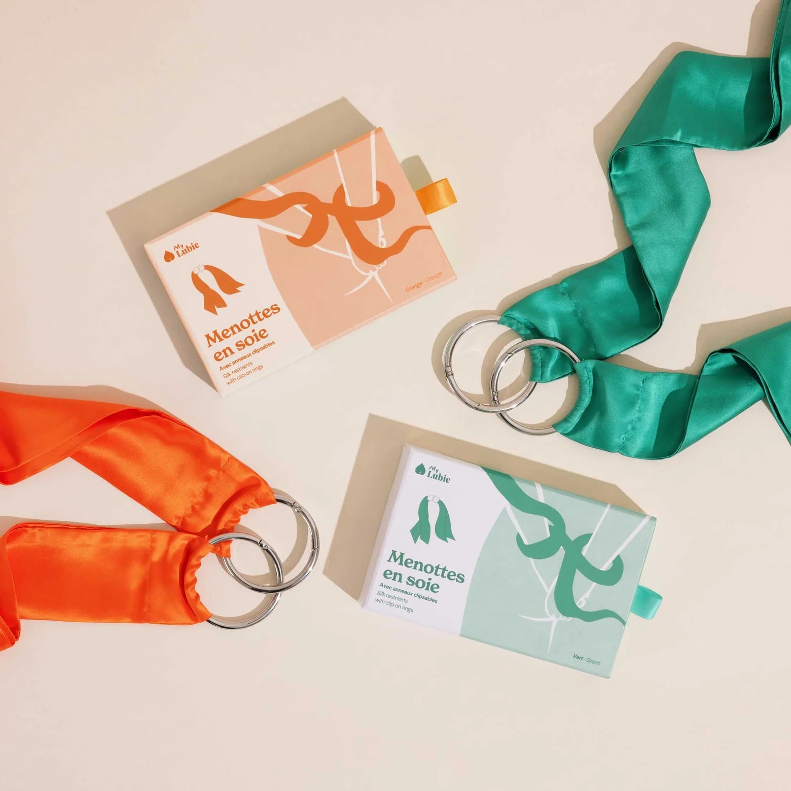 Packaging en menottes en soie My Lubie vert et orange