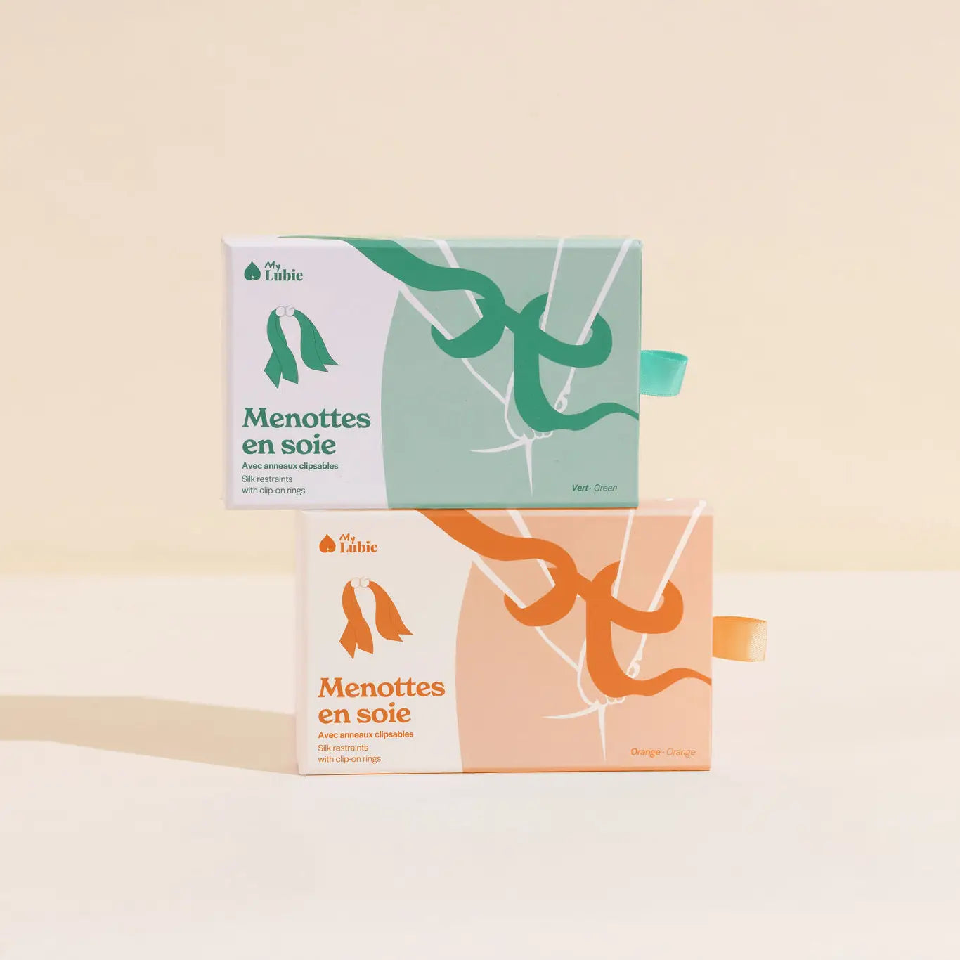 Menottes en soie My Lubie orange et vert packaging