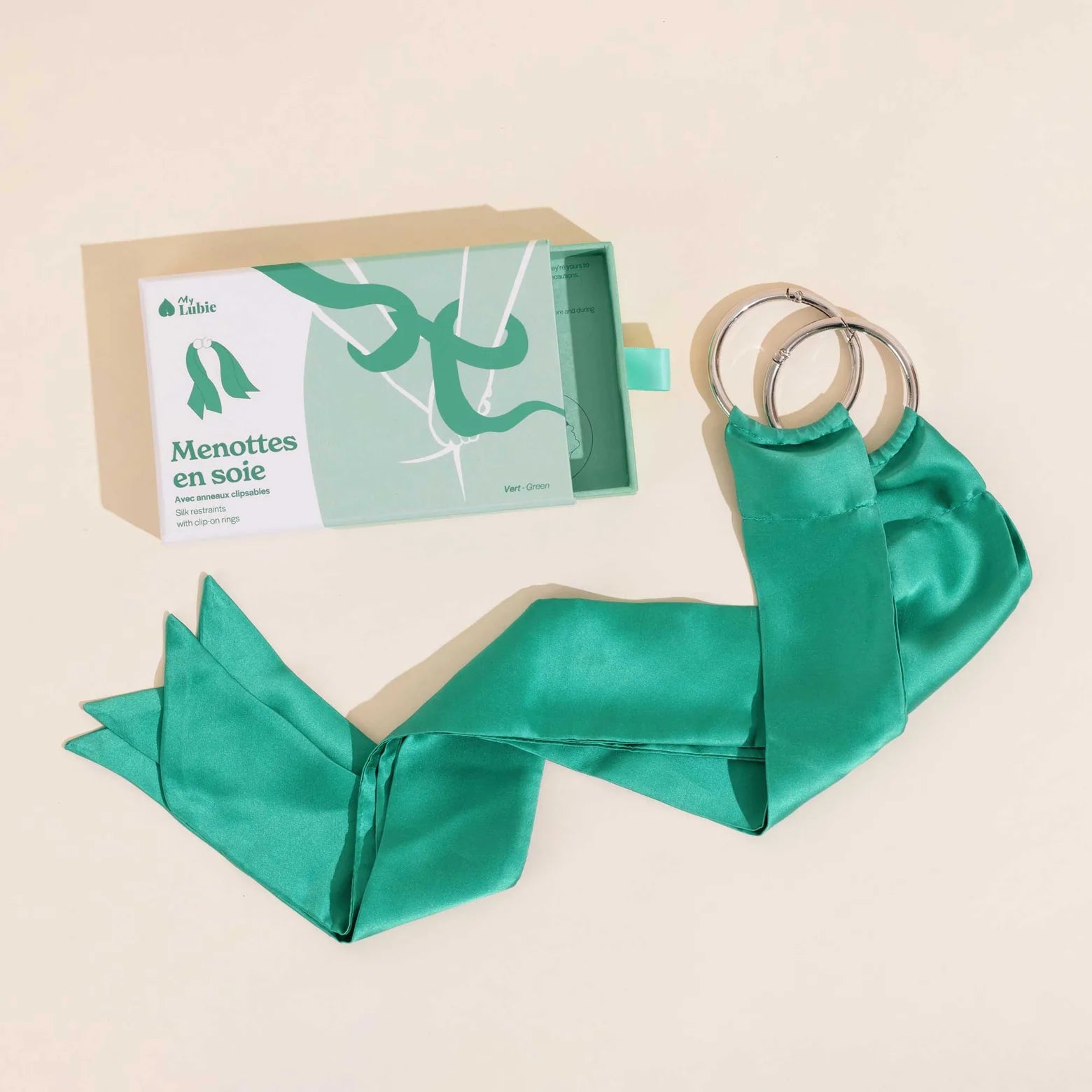 Menottes en soie My Lubie vert avec anneaux clipsables