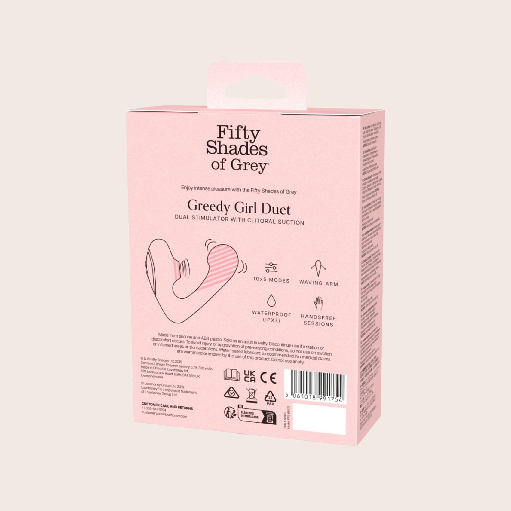 Packaging du stimulateur Greedy Girl Duet Fifty Shades of Grey vue de profil