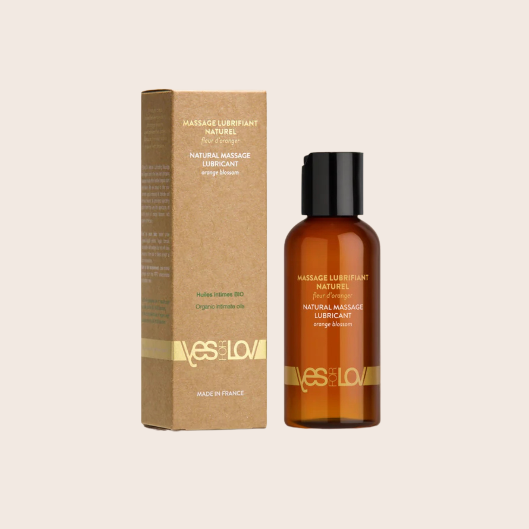 Packaging élégant du massage lubrifiant naturel YESforLOV made in France